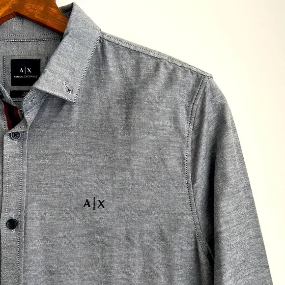 Men’s Armani Exchange Gray Slim Fit Cotton Long Sleeved Button Up Shirt - Picture 2 of 12